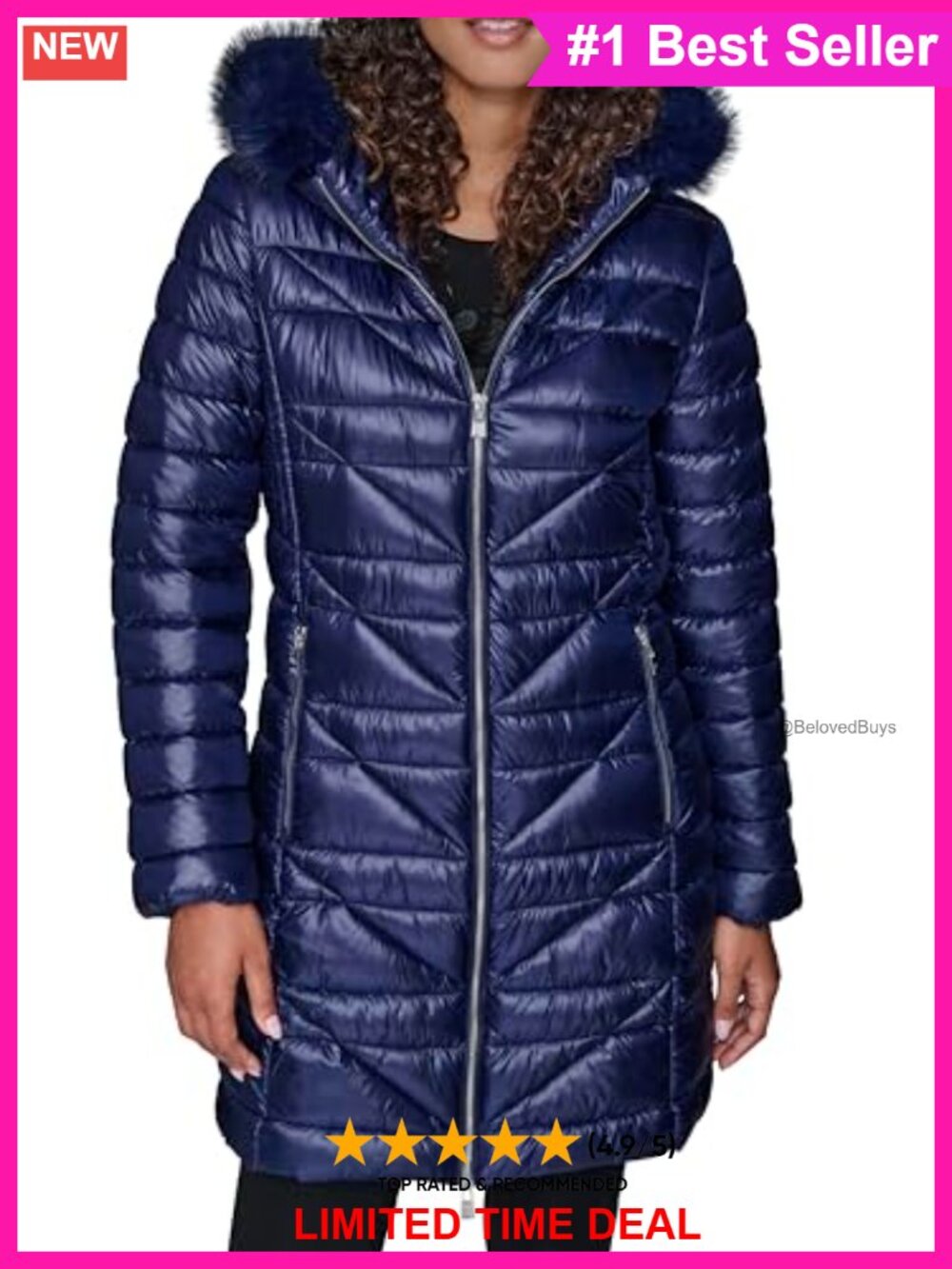 Long Chevron Quilt Coat Faux Fur Trim Hood Zip Front